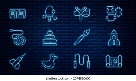 Set line Pirate treasure map, Rocket ship toy, Slingshot, Pyramid, Yoyo, Music synthesizer, Paint brush and Racket icon. Vector
