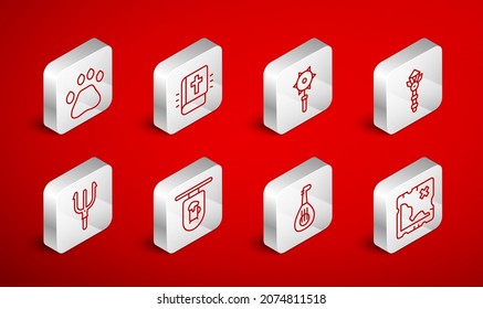 Set line Pirate treasure map, Holy bible book, Medieval chained mace ball, Magic wand, Lute, Bear paw footprint, Street signboard with Bar and Neptune Trident icon. Vector