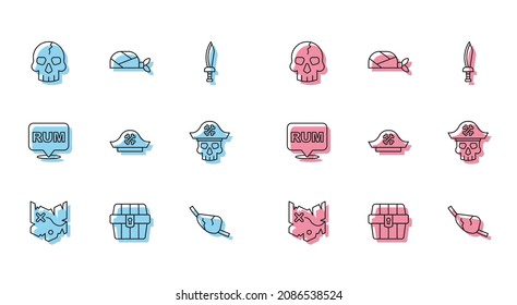 Set line Pirate treasure map, Antique chest, Skull, eye patch, hat, captain, Alcohol drink Rum and bandana for head icon. Vector