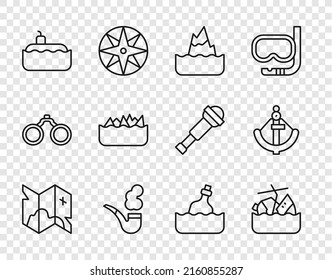 Set Line Pirate Treasure Map, Sinking Cruise Ship, Iceberg, Smoking Pipe, Submarine, Sharp Stone Reefs, Bottle With Message Water And Anchor Icon. Vector