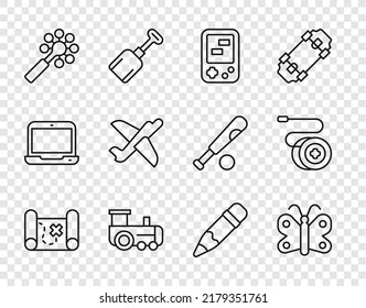 Set line Pirate treasure map, Butterfly, Tetris electronic game, Toy train, Rattle baby toy, plane, Pencil with eraser and Yoyo icon. Vector