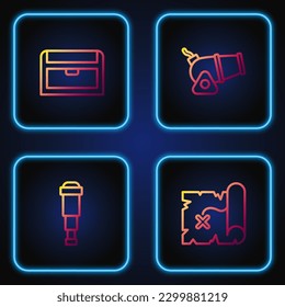 Fijar la línea Mapa del tesoro pirata, lente del telescopio Spyglass, arcón antiguo y cañón. Iconos de color de degradado. Vector