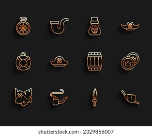 Fijar línea Mapa del tesoro pirata, tubería de fumadores, brújula, espada, parche para los ojos, sombrero, moneda e icono del barril de madera. Vector