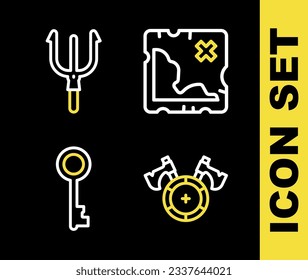 Set line Pirate treasure map, Medieval shield with axe, Old key and Neptune Trident icon. Vector