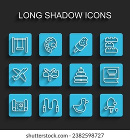 Set line Pirate treasure map, Jump rope, Swing, Rubber duck, Racket, Slingshot, Book and Pyramid toy icon. Vector