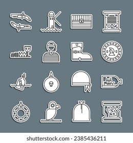 Fijar la línea Mapa del tesoro pirata, Botella con barco dentro, moneda, arca de antigüedades, capitán de marinero, tesoro y riquezas, pistolas de vintage e ícono de botas piratas de cuero. Vector