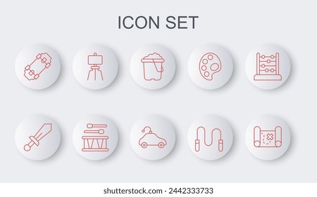 Set line Pirate treasure map, Sword toy, Sand in bucket, Jump rope, Skateboard, Wood easel, Drum with drum sticks and Radio controlled car icon. Vector