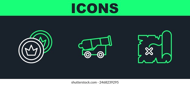Fija la línea del mapa del tesoro pirata, la moneda y el icono del cañón. Vector