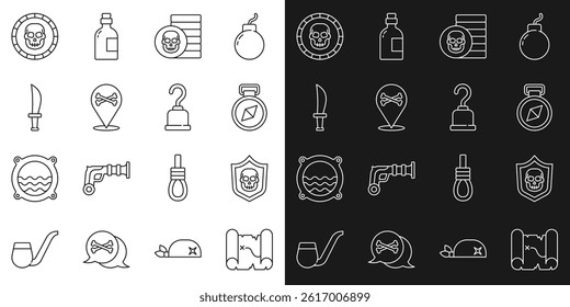 Set line Pirate treasure map, Shield with pirate skull, Compass, coin, Location, sword,  and hook icon. Vector