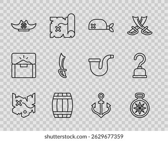 Set line Pirate treasure map, Compass, bandana for head, Wooden barrel, hat, sword, Anchor and hook icon. Vector