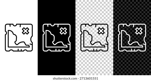 Linie setzen Piraten-Schatzkartensymbol einzeln auf schwarz-weißem, transparentem Hintergrund.  Vektorgrafik