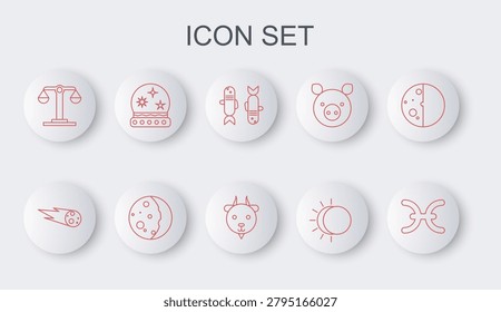 Set line Pisces zodiac, Comet falling down fast, Eclipse of the sun, Libra, Magic ball,  and Aries icon. Vector