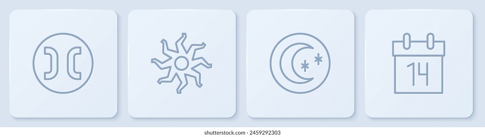 Set line Pisces zodiac, Moon and stars, Sun and Calendar. White square button. Vector