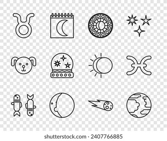 Set line Pisces zodiac, Planet Mercury, Astrology horoscope circle, Eclipse of the sun, Taurus, Magic ball, Comet falling down fast and  icon. Vector