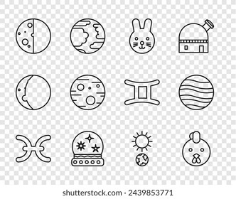 Set line Pisces zodiac, Rooster, Rabbit, Magic ball, Eclipse of the sun, Planet Mars, Solstice and Jupiter icon. Vector