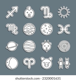 Set line Pisces zodiac, Solar system, Capricorn, Planet Venus, Virgo, Sagittarius and Moon icon. Vector