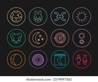 Set line Pisces zodiac, Solstice, Moon and stars, Rat, Planet Earth, Solar system and Rabbit icon. Vector