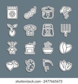 Set line Pistachio nuts, Coffee beans, Garden pitchfork, Bag flour, Bread toast, Sprout, Pack full seeds plant and  icon. Vector