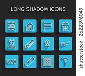 Set line Pistachio nuts, French baguette bread, Carnival garland with flags, Checkered napkin, Sausage on the fork, Harmonica, Smoking pipe and Retro wall watch icon. Vector