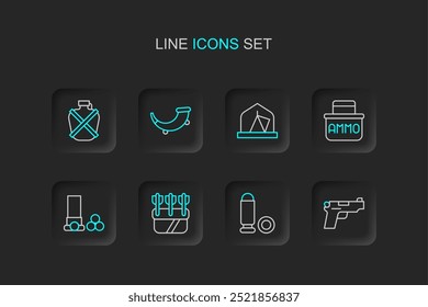 Set Linie Pistole oder Pistole, Kugel, Köcher mit Pfeilen, Patronen, Munitionskasten, Touristenzelt, Jagdhorn und Kantine Wasserflasche Symbol. Vektorgrafik