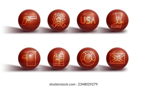 Set line Pistol or gun, Eagle head, Cowboy boot, Donut, City landscape, Medal with star, Flag Confederate and USA label icon. Vector