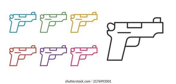Establece la línea Pistol o icono de pistola aislado en fondo blanco. Armamento policial o militar. Un pequeño arma de fuego. Indique los iconos en colores. Vector