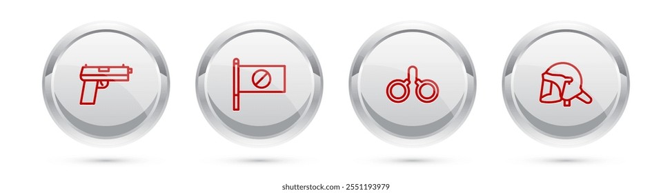 Set line Pistol or gun, Protest, Handcuffs and Police helmet. Silver circle button. Vector
