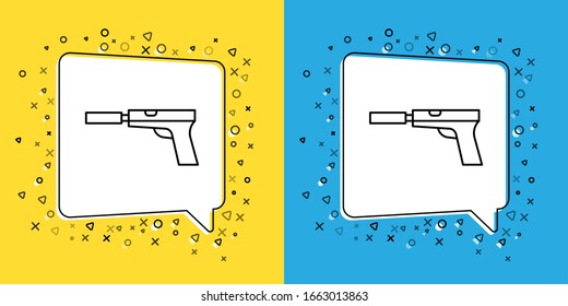 Fije la línea Pistol o pistola con el icono silenciador aislado en el fondo amarillo y azul. Ilustración vectorial
