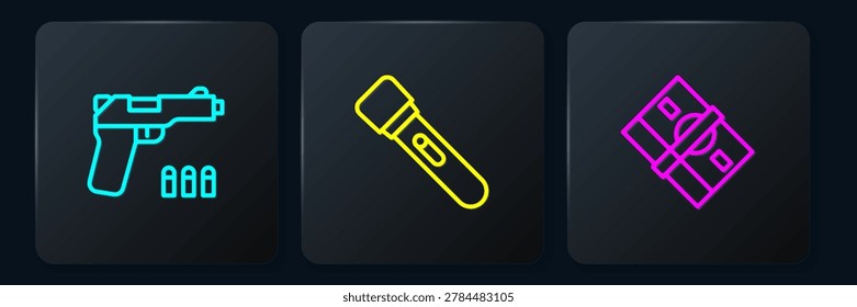 Set line Pistol or gun, Stacks paper money cash and Flashlight. Black square button. Vector