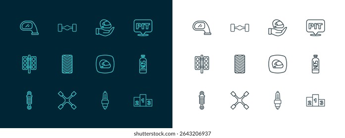 Set line Pit stop, Wheel wrench, Racing helmet, Car spark plug, tire wheel, mirror and Chassis car icon. Vector