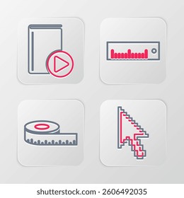 Set line Pixel arrow cursor, Tape measure, Ruler and Audio book icon. Vector