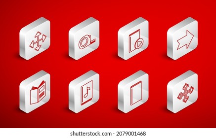 Set line Pixel arrows in four directions, Roulette construction, Audio book, Arrow, Book,  and Open icon. Vector