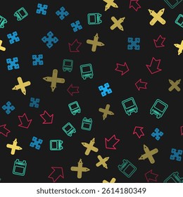 Set line Pixel arrows in four directions, Bus, Crossed pencil and Arrow on seamless pattern. Vector