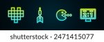 Set line Pixel hearts for game, Dart arrow, Pacman with eat and Sport mechanical scoreboard. Glowing neon icon. Vector