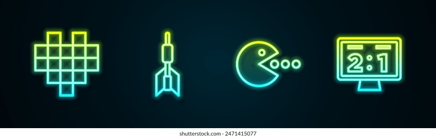 Setzen Sie Linie Pixel Herzen für Spiel, Pfeil Dart, Pacman mit Fleisch und Sport mechanische Anzeiger. Leuchtendes Neon-Symbol. Vektorgrafik