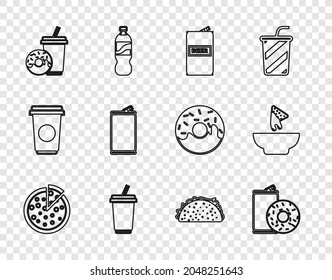 Set line Pizza, Aluminum can soda and donut, Beer, Glass with water, Soda drink, Taco tortilla and Nachos plate icon. Vector
