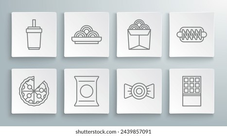 Set line Pizza, Asian noodles in bowl, Bag or packet potato chips, Candy, Chocolate bar, Noodles box, Hotdog sandwich and Paper glass with straw icon. Vector