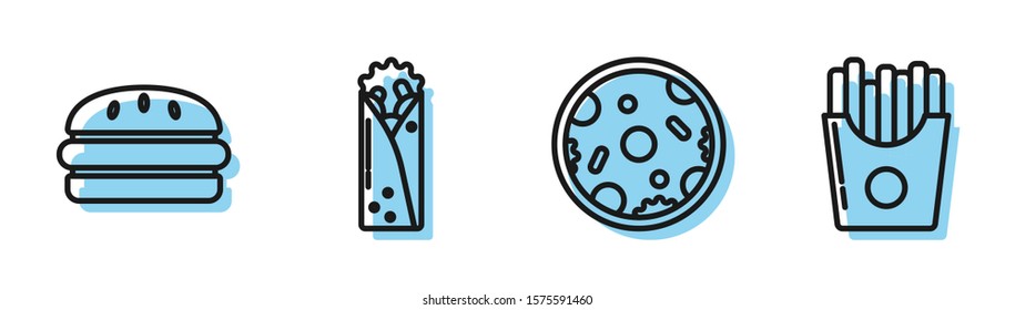 Set line Pizza, Burger, Doner kebab and Potatoes french fries in carton package box icon. Vector
