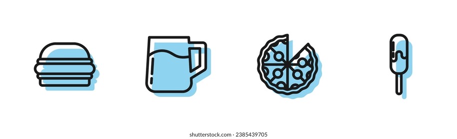 Set line Pizza, Burger, Wooden beer mug and Ice cream icon. Vector