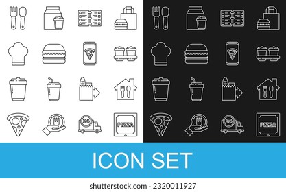 Set line Pizza in cardboard box, Online ordering and delivery, Coffee cup to go, Restaurant cafe menu, Burger, Chef hat, Fork spoon and Food pizza icon. Vector