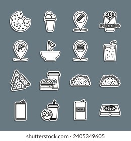 Set line Pizza in cardboard box, Taco with tortilla, Glass water, Location hotdog, Nachos plate, slice pizza, Donut and burger icon. Vector