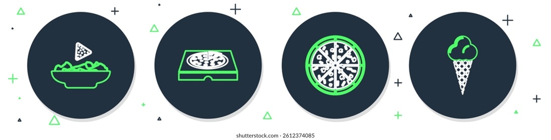 Set line Pizza in cardboard box, Nachos plate and Ice cream waffle cone icon. Vector