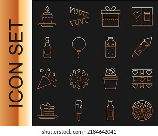 Set Line Pizza, Carnival Garland With Flags, Firework Rocket, Gift Box, Balloon Ribbon, Champagne Bottle, Cake Burning Candles And Mulled Wine Icon. Vector