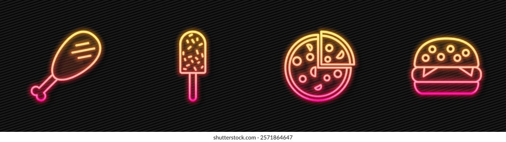 Set line Pizza, Chicken leg, Ice cream and Burger. Glowing neon icon. Vector