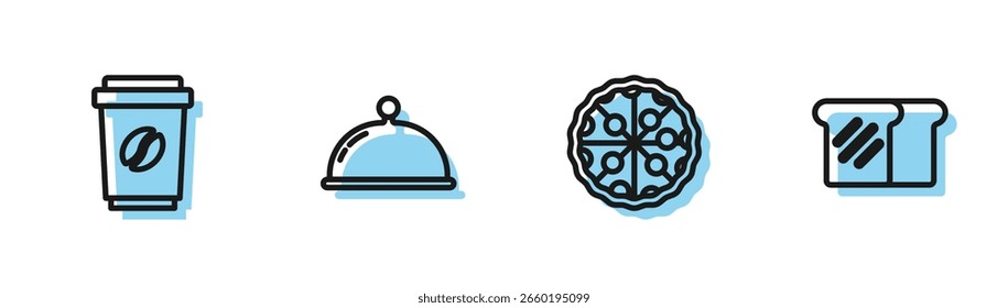 Definir linha Pizza, Xícara de café para ir, Coberto com bandeja e Pão ícone torrada. Vetor