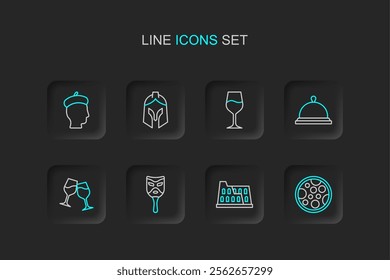 Set line Pizza, Coliseum, Carnival mask, Wine glass, Covered with tray of food, Roman army helmet and French icon. Vector