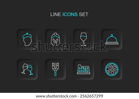 Set line Pizza, Coliseum, Carnival mask, Wine glass, Covered with tray of food, Roman army helmet and French icon. Vector