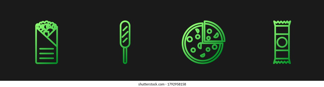 Set line Pizza, Doner kebab, Corn dog and Chocolate bar. Gradient color icons. Vector