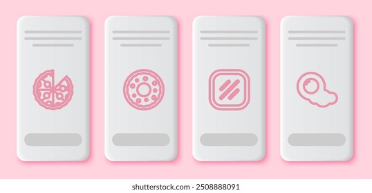 Set line Pizza, Donut, Steak meat and Scrambled eggs. White rectangle button. Vector