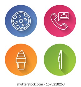 Set line Pizza, Food ordering, Ice cream in waffle cone and Knife. Color circle button. Vector